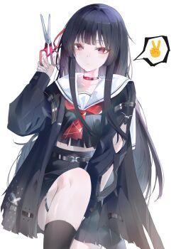 1girl absurdres arm_cutout black_choker black_hair black_jacket black_serafuku black_shirt black_skirt chisa_(wuthering_waves) choker closed_mouth clothing_cutout commentary hair_ribbon highres holding holding_scissors jacket long_hair long_sleeves looking_at_viewer neckerchief red_eyes red_neckerchief red_ribbon ribbon sailor_collar school_uniform scissors serafuku shigureszku shirt simple_background skirt solo thigh_strap white_background white_sailor_collar wuthering_waves