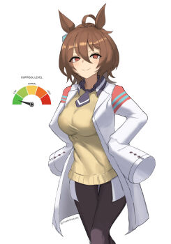 1girl absurdres agnes_tachyon_(umamusume) ahoge animal_ears black_pantyhose blush breasts brown_hair closed_mouth commentary cortisol_level_(meme) earrings hair_between_eyes highres horse_ears horse_girl jewelry lab_coat large_breasts long_sleeves looking_at_viewer medium_hair meme necktie pantyhose red_eyes shirt short_hair short_necktie single_earring sleeves_past_fingers sleeves_past_wrists smile solo sweater sweater_vest tastelikenyan umamusume wolf_cut yellow_sweater yellow_sweater_vest