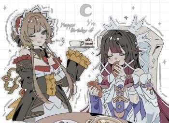 Rule 34 | 2girls, arm ribbon, arm support, bare shoulders, black bow, black dress, black hair, black hairband, black sleeves, blue eyes, blunt bangs, blush, bow, braid, breasts, brown hair, cake, cake slice, chair, checkered background, closed eyes, collarbone, columbina (genshin impact), commentary, covered mouth, crescent, croissant, cup, detached collar, detached sleeves, dress, eating, english commentary, english text, feathered wings, food, frills, fruit, gem, genshin impact, gloves, gradient hair, hair bow, hair bun, hair ornament, hair tubes, hairband, hand up, hands up, happy birthday, head wings, holding, holding food, holding tray, icing, jewelry, key, koooooo63532680, lapels, long hair, long sleeves, looking at another, medium breasts, multicolored hair, multiple girls, multiple wings, off-shoulder dress, off shoulder, on chair, one eye closed, open mouth, pendant, plate, purple hair, red gemstone, ribbon, sandrone (genshin impact), short hair with long locks, single braid, sitting, sleeveless, sleeveless dress, smile, sparkle, standing, star (symbol), strapless, strapless dress, strawberry, table, teacup, tray, two-tone dress, two-tone hair, v-shaped eyebrows, white background, white bow, white dress, white gloves, white headdress, wide sleeves, wing collar, wings, x hair ornament