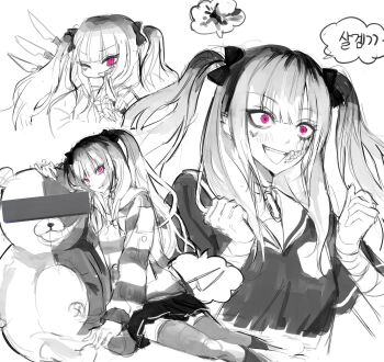 1girl amemiya_darumi bandaged_wrist bandages black_bow bow censored censored_identity creator_connection crossover danganronpa_(series) ear_piercing hand_on_own_face heart highres knife long_sleeves monochrome monokuma multicolored_hair navel outie_navel piercing pink_eyes pleated_skirt safety_pin school_uniform shirt skirt striped_clothes striped_shirt the_hundred_line_-last_defense_academy- thighhighs twintails white_background