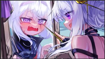 1girl @_@ bare_shoulders black_gloves blue_sailor_collar blush commentary cosplay different_reflection english_commentary eyelashes fangs feng_feng_(yopokaede) filian_(vtuber) fingerless_gloves gloves holding holding_weapon indie_virtual_youtuber mirror official_art open_mouth purple_eyes reflection sailor_collar second-party_source sidelocks smile spy_x_family video_thumbnail virtual_youtuber weapon white_hair yor_briar yor_briar_(cosplay) youtube_video_thumbnail