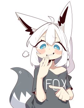1girl absurdres animal_ears black_shirt blue_eyes blush_stickers cocomayo29_(tomato) commentary cowboy_shot english_text fox_ears fox_girl fox_tail highres hololive long_hair print_shirt shirakami_fubuki shirt simple_background single_bare_shoulder single_off_shoulder smug solo symbol-only_commentary tail virtual_youtuber white_background white_hair