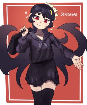 Rule 34 | 1girl, absurdres, alternate costume, bag, black hair, collarbone, cowboy shot, facing viewer, fang, filia (skullgirls), handbag, highres, long hair, looking down, neckerchief, ojiskeleton, pleated skirt, red background, red eyes, samson (skullgirls), school uniform, skin fang, skirt, skullgirls, smile, solo, thighhighs