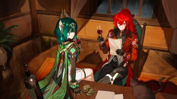 1boy 1girl black_cat black_gloves black_pants bottle cat chair claws closed_mouth coat coin commentary_request crossed_bangs cup diluc_(genshin_impact) diluc_(red_dead_of_night)_(genshin_impact) drinking_glass genshin_impact gloves green_hair headpiece highres holding holding_cup holding_paper indoors long_hair maria_(maria_rose) mark_under_eye nefer_(genshin_impact) night on_table pants paper plant ponytail red_coat red_eyes red_hair second-party_source sitting spread_legs table thigh_strap vision_(genshin_impact) window wine_bottle wine_glass