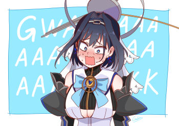 1girl black_hair blue_eyes blush bow bow_earrings breasts chain clothing_cutout commentary detached_sleeves earrings english_commentary galois hair_ornament hairband halo highres hololive hololive_english jewelry large_breasts open_mouth ouro_kronii ouro_kronii_(1st_costume) raised_inner_eyebrows signature solo sweat underboob_cutout upper_body veil virtual_youtuber wavy_hair