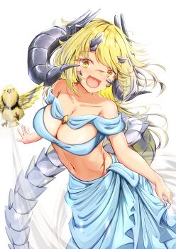 1girl alternate_costume animal arknights bare_shoulders bird blonde_hair breasts cleavage commentary_request crocodilian_tail dragon_horns estelle_(arknights) hair_between_eyes highres horns impaleshrikes large_breasts long_hair looking_at_viewer material_growth midriff navel open_mouth oripathy_lesion_(arknights) reptile_girl scar scar_on_face scar_on_hip scar_on_nose solo tail yellow_eyes