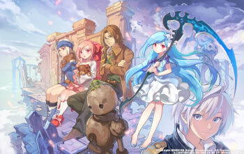2boys 3girls ahoge anais_del_caril apino aqua_hair aqua_jacket aqua_shirt aqua_shoes aqua_sleeves artist_name belt belt_buckle benya_(tales_weaver) black_pants black_socks blue_boots blue_dress blue_fire blue_headband blue_jacket blue_sleeves boots bow breasts brown_belt brown_capelet brown_coat brown_eyes brown_hair brown_necktie brown_shoes brown_sleeves buckle caesty capelet choker cloud coat coat_bow collarbone collared_coat commentary company_name copyright_notice cross-laced_capelet crossed_arms dated_commentary detached_sleeves dress english_commentary fire flats flower footwear_bow frown glasses gold_buckle hair_bow hair_flower hair_intakes hair_ornament headband high_collar holding holding_scythe holding_stuffed_toy impasto jacket joshua_von_arnim knee_blush lace-up_boots layered_dress leaf long_hair long_sleeves looking_at_viewer maximin_liebkne medium_breasts multiple_boys multiple_girls nayatrei necktie nexon official_alternate_costume official_art pants parted_hair pince-nez pink_bow pink_dress pink_hair pink_petals plain_epaulettes purple_bow purple_eyes purple_ribbon red_bow red_eyes red_ribbon red_shoes ribbon ribbon-trimmed_socks ribbon_trim round_eyewear rubesto_daimon scythe shirt shoes short_dress short_hair single_hair_intake sky sleeve_bow sleeve_cuffs socks stuffed_animal stuffed_toy tales_weaver teddy_bear tombstone very_long_hair vest waistcoat watermark wavy_hair web_address white_bow white_choker white_coat white_dress white_eyes white_flower white_hair white_mask white_sleeves wide_sleeves wing_collar