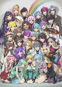 6+boys 6+girls ahoge aia_amare alban_knox aster_arcadia beret black_hair blonde_hair blue_eyes blue_hair bow braid brown_hair commentary darkgreyclouds doppio_dropscythe dress elira_pendora elira_pendora_(1st_costume) enna_alouette everyone eyepatch finana_ryugu finana_ryugu_(1st_costume) fulgur_ovid glasses green_eyes green_hair grey_hair hair_ornament hairclip hat headband heterochromia hex_haywire highres ike_eveland ike_eveland_(1st_costume) kotoka_torahime kyo_kaneko long_hair luca_kaneshiro maria_marionette meloco_kyoran millie_parfait multicolored_hair multiple_boys multiple_girls mysta_rias nijisanji nijisanji_en nina_kosaka petra_gurin pink_hair pomu_rainpuff pomu_rainpuff_(1st_costume) purple_eyes purple_hair red_eyes reimu_endou ren_zotto rosemi_lovelock scarle_yonaguni selen_tatsuki short_hair shu_yamino side_braids sonny_brisko streaked_hair symbol-only_commentary two-tone_hair uki_violeta ver_vermillion virtual_youtuber vox_akuma white_headwear yellow_eyes zaion_lanza