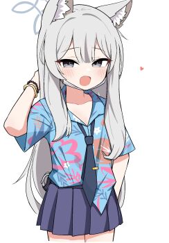 1girl animal_ear_fluff animal_ears black_eyes black_necktie blue_archive blue_shirt blush cowboy_shot grey_hair hawaiian_shirt heart highres konoka_(blue_archive) long_hair looking_at_viewer mask mask_pull mouth_mask necktie open_mouth pleated_skirt shirt simple_background skirt smile solo surgical_mask tagyeokgam white_background