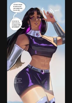belt black_hair blackfire breasts bridal_gauntlets dc_comics earrings gem highres jewelry lips long_hair looking_at_viewer medium_breasts midriff miniskirt parted_bangs purple_eyes purple_gemstone purple_nails purple_skirt purple_tank_top realaop sidelocks skirt tamaranean tank_top teen_titans thick_thighs thighs