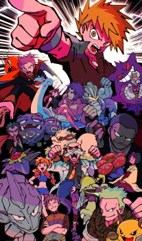 Rule 34 | agatha (pokemon), alakazam, arcanine, asymmetrical hair, black hair, blaine (pokemon), blue oak, brock (pokemon), brown hair, bruno (pokemon), denim, denim shorts, dragonite, erika (pokemon), gen 1 pokemon, gengar, giovanni (pokemon), gym leader, hair tie, highres, koga (pokemon), lance (pokemon), lapras, long hair, lorelei (pokemon), machamp, misty (pokemon), multiple boys, multiple girls, muscular, nintendo, onix, poke ball, pokemon, pokemon frlg, ponytail, raichu, rhydon, sabrina (pokemon), shirt, short hair, shorts, side ponytail, smile, starmie, surge (pokemon), tofu (tttto f), vileplume, weezing, white shirt