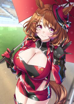 1girl alternate_breast_size_(larger) animal_ears black_gloves blonde_streaks blush breasts brown_hair brown_tail cleavage closed_mouth clothing_cutout commentary_request covered_navel ears_through_headwear gloves hair_ornament hand_up hat highres hip_vent holding holding_umbrella horse_ears horse_girl horse_tail jacket large_breasts leotard leotard_under_clothes long_sleeves looking_at_viewer multicolored_gloves multicolored_hair multicolored_umbrella navel north_flight_(umamusume) open_clothes open_jacket pink_streaks purple_eyes race_queen red_gloves red_hat red_jacket red_leotard red_shorts red_umbrella shirokuma_a short_hair shorts smile solo streaked_hair tail textless_version thighs two-tone_gloves umamusume umbrella