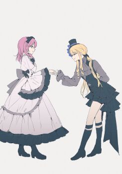Rule 34 | 2girls, arm behind back, asprosgy, back bow, black bow, black bowtie, black headdress, blonde hair, bow, bowtie, closed eyes, closed mouth, commentary request, dress, eiyuu densetsu, full body, hair bow, hat, headdress, highres, holding hands, long hair, long sleeves, mini hat, mini top hat, multiple girls, pink hair, puffy long sleeves, puffy sleeves, renne (eiyuu densetsu), short hair, simple background, smile, sora no kiseki, tita russell, top hat, traditional bowtie, white background, yellow eyes