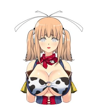 Rule 34 | 1girl, absurdres, animal print, bare shoulders, bell, bikini, blush, bra, breasts, character pin, cleavage, commentary, cow print, cow print bikini, cowbell, english commentary, grey eyes, hair ribbon, headphones, highres, kometoze, large breasts, looking at viewer, neckerchief, o-ring, o-ring bra, o-ring top, open clothes, open mouth, open shirt, orange hair, print bikini, red neckerchief, ribbon, senran kagura, senran kagura new wave, short hair, short twintails, simple background, smile, solo, swimsuit, twintails, underwear, upper body, ushimaru (senran kagura), ushiwakamaru (senran kagura), white background, white ribbon