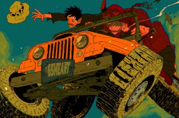 Rule 34 | 2boys, black hair, commentary request, donquixote rocinante, driving, facepaint, green theme, heart, highres, jurokutya, license plate, male focus, multiple boys, on all-terrain vehicle, one piece, reaching, smoking, spots, trafalgar law, vitiligo, wide-eyed