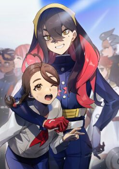 Rule 34 | absurdres, ahoge, amarys (pokemon), black hair, blush, carmine (pokemon), colored inner hair, commentary, crispin (pokemon), crossed bangs, drayton (pokemon), eyelashes, gloves, grin, hair between eyes, hairband, highres, jacket, juliana (pokemon), lacey (pokemon), long hair, long sleeves, looking at viewer, mole, mole under eye, multicolored hair, multiple girls, nintendo, no-kan, one eye closed, open mouth, pokemon, pokemon sv, red hair, signature, smile, teeth, thick eyebrows, two-tone hair, upper teeth only, yellow eyes, yellow hairband