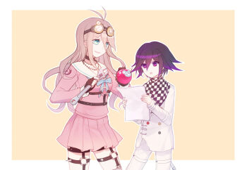 1boy 1girl :o antenna_hair arm_belt barbed_wire belt belt_buckle black_choker black_gloves black_scarf blonde_hair blue_bow blue_bowtie blue_eyes bomb border bow bowtie breasts brown-framed_eyewear buckle buttons checkered_clothes checkered_scarf chest_belt choker collarbone colored_tips commentary_request cowboy_shot danganronpa_(series) danganronpa_v3:_killing_harmony double-breasted explosive eyelashes eyes_visible_through_hair fingerless_gloves gloves goggles goggles_on_head hair_between_eyes happy height_difference hiragi_rin holding holding_bomb holding_paper holding_wrench iruma_miu jacket jewelry large_breasts layered_sleeves long_hair long_hair_between_eyes long_sleeves multicolored_buttons multicolored_hair multiple_belts necklace o-ring o-ring_belt oma_kokichi open_belt open_mouth outline outside_border over-kneehighs pale_skin paper paper_stack pink_serafuku pink_shirt pokemon pokemon_(creature) purple_eyes purple_hair round_eyewear sailor_collar scarf school_uniform serafuku shirt short_hair simple_background sleeves_past_wrists smile socks spiked_belt standing striped_clothes striped_socks studded_belt thigh_belt thigh_strap thighhighs torn_clothes torn_jacket two-tone_scarf vertical-striped_clothes vertical-striped_socks very_long_hair white_belt white_border white_jacket white_outline white_sailor_collar white_scarf white_socks wrench yellow_background