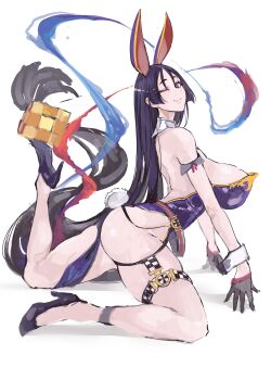 1girl absurdres animal_ears ass black_gloves breasts ebichannoshippo fake_animal_ears fate/grand_order fate_(series) gloves high_heels highres large_breasts long_hair looking_at_viewer minamoto_no_raikou_(fate) one_eye_closed purple_hair rabbit_ears rabbit_tail smile solo tail white_background
