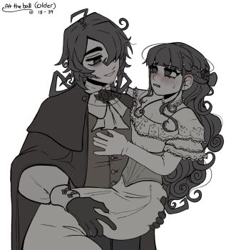 1boy 1girl aged_up bead_necklace beads blush braid breasts buttons carrying carrying_person character_age cleavage coat dress english_text eye_contact father_and_daughter flower frilled_dress frills gloves hair_flower hair_ornament hair_over_one_eye hetero incest jewelry long_hair looking_at_another monochrome necklace nokota_(roseary) open_clothes open_coat original roseary ryder_(roseary) shirt short_hair simple_background smile sweat teeth vest white_background