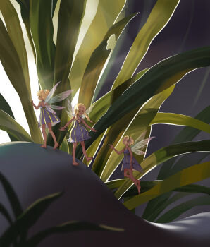 3girls blonde_hair blue_dress braid commentary_request dress fairy fairy_wings fatlulu_(1008) grass hair_bun low_twin_braids mini_person minigirl multiple_girls original short_dress short_hair twin_braids wings