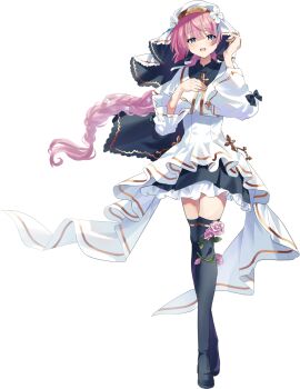 1girl :d black_boots blue_eyes boots braid commentary_request dress flower hand_on_own_chest highres lily0428 long_hair long_sleeves looking_at_viewer open_mouth original pink_flower pink_hair simple_background smile solo thigh_boots transparent_background veil white_veil