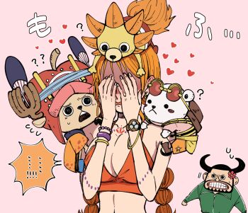 ! ... 1girl 3boys ? antlers horns_through_headwear bangle bare_shoulders bepo_(one_piece) black_hair blueno bracelet braid breasts brown_fur cleavage collarbone covering_face crop_top earrings eyewear_on_head facial_hair flower green_jumpsuit hair_flower hair_ornament hat heart highres hoop_earrings horns jewelry jumpsuit large_breasts log_pose long_hair looking_at_another low_twin_braids low_twintails m_(user_gjgn8588) midriff multiple_boys nami_(one_piece) official_alternate_costume official_alternate_hairstyle on_head on_shoulder one_piece one_piece_film:_red open_mouth orange_hair pink_background red_hat reindeer_antlers shoulder_tattoo simple_background spaghetti_strap speech_bubble spoken_ellipsis spoken_exclamation_mark sweatdrop tattoo thousand_sunny tony_tony_chopper twin_braids twintails upper_body white_fur