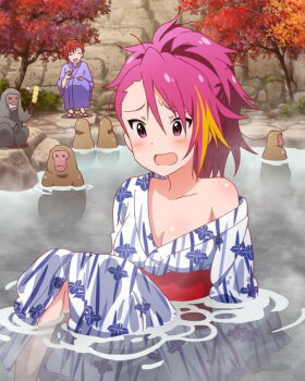 10s 2girls :d ^_^ ape artist_request clothed_bath dango closed_eyes food idolmaster idolmaster_million_live! japanese_clothes japanese_macaque julia_(idolmaster) kimono long_hair maihama_ayumu monkey multicolored_hair multiple_girls official_art onsen open_mouth pink_eyes pink_hair red_hair short_hair smile tree wagashi yukata
