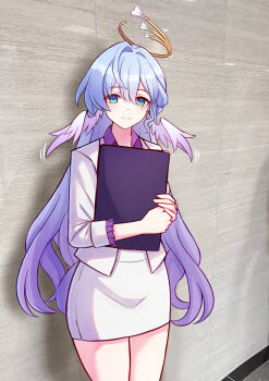 1girl absurdres alternate_costume araki_saori araki_saori_(cosplay) blue_eyes blue_hair clipboard closed_mouth cosplay cowboy_shot derivative_work formal_clothes gradient_hair green_eyes hair_intakes head_wings highres holding holding_clipboard honkai:_star_rail honkai_(series) indoors jacket jewel_under_eye jimpu6 long_hair looking_at_viewer multicolored_eyes multicolored_hair pencil_skirt purple_hair purple_shirt real_life robin_(honkai:_star_rail) shirt skirt smile solo two-tone_eyes very_long_hair white_jacket white_skirt white_wings wings