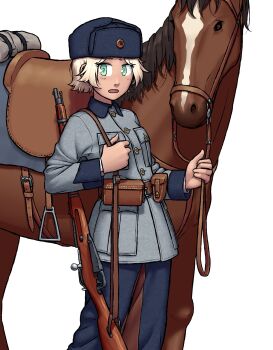 ammunition_pouch belt black_boots blonde_hair blue_collar blue_hat blue_pants blue_wrist_cuffs bolt_action boots brown_belt brown_horse collar dragoon finland finnish_army green_eyes grey_tunic gun hat highres holding holding_weapon horse leather_belt looking_at_viewer military_uniform mosin-nagant ostwindprojekt pale_skin pants parted_lips pouch rifle short_hair soldier tunic ushanka weapon white_background wrist_cuffs