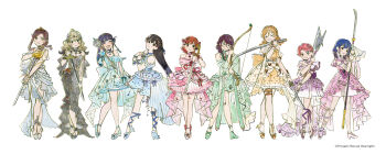 Rule 34 | 6+girls, :d, absurdres, aijo karen, alternate hair length (shorter), arm garter, arm wrap, axe, bare shoulders, black collar, black dress, black eyes, black hair, black shoes, blonde hair, blossom bright (dagger), blue dress, blue hair, blue ribbon, blue shoes, blunt bangs, blush, bow, bow (weapon), bracelet, braid, brown hair, character ornament, closed eyes, closed mouth, collar, commentary request, copyright name, criss-cross halter, crossed bangs, crown pendant, curtained hair, daiba nana, detached sleeves, dot nose, double-parted bangs, dress, dress bow, dress ribbon, dual wielding, facing viewer, feather hair ornament, feathers, frilled dress, frilled sleeves, frills, gem, gold tiara, gradient clothes, gradient dress, gradient hair, green dress, green hair, green ribbon, grey dress, hair between eyes, hair ornament, hair ribbon, hair tubes, half up braid, halter dress, halterneck, hanayagi kaoruko, hand on blade, hand up, hands up, high-low dress, high heels, high ponytail, highres, holding, holding axe, holding bow (weapon), holding knife, holding polearm, holding sword, holding weapon, hoshimi junna, hugging object, isurugi futaba, jewelry, kagura hikari, katana, knife, laurel crown, leg wrap, lineup, long dress, long hair, looking at viewer, looking back, love judgement (mace), low-braided long hair, low-tied long hair, low twin braids, mebachi, medium hair, mr. white (revue starlight), multicolored hair, multiple girls, naginata, necklace, off-shoulder dress, off shoulder, official alternate costume, official alternate hair color, official art, one side up, open mouth, orange ribbon, parted bangs, pearl hairband, pink bow, pink dress, pink hair, pink shoes, polearm, ponytail, possibility of puberty (sword), promotional art, puffy detached sleeves, puffy sleeves, purple bow, purple dress, purple hair, purple shoes, red ribbon, ribbon, saijo claudine, second-party source, see-through clothes, see-through sleeves, shoes, short dress, short hair, short sleeves, shoujo kageki revue starlight, sidelocks, simple background, single bare shoulder, single hair tube, sleeve slit, sleeveless, sleeveless dress, sleeves past wrists, smile, sparkle hair ornament, standing, star (symbol), star pendant, strapless, strapless dress, sword, tendo maya, tsuyuzaki mahiru, twin braids, wavy hair, wavy sidelocks, weapon, white background, wide sleeves, wrist cuffs, wrist ribbon, x hair ornament, yellow dress