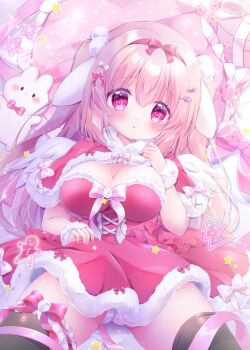 1girl animal_ears black_thighhighs blush bow breasts cameltoe chiika_(cure_cherish) christmas cleavage commentary_request dress fake_animal_ears food-themed_hair_ornament fur-trimmed_dress fur_cuffs fur_trim hair_bow hair_ornament hair_ribbon large_breasts long_hair looking_at_viewer macaron_hair_ornament original panties parted_lips pink_bow pink_eyes pink_hair pink_ribbon rabbit_ears red_dress ribbon santa_costume santa_dress short_dress solo thighhighs thighs two_side_up underwear white_bow white_panties white_ribbon wrist_cuffs