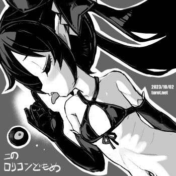 1girl backbeako_(torotei) backbeard bikini blush breasts closed_eyes commentary criss-cross_halter dated dated_commentary dutch_angle elbow_gloves fellatio_gesture female_focus front-tie_bikini_top front-tie_top gegege_no_kitarou gloves greyscale hair_ribbon halterneck hand_up kono_lolicon_domome loli long_hair monochrome navel open_mouth original paid_reward_available pointy_ears ribbon ribs simple_background small_breasts solo swimsuit tongue tongue_out torotei translated twintails upper_body watermark web_address