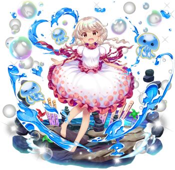 Rule 34 | 1girl, barefoot, brown eyes, bubble, ebisu eika, frilled shirt, frilled skirt, frills, full body, game cg, highres, jellyfish, long earlobes, long hair, looking at viewer, official art, open mouth, puffy short sleeves, puffy sleeves, rock, rotte (1109), shirt, short sleeves, simple background, skirt, skirt set, smile, solo, sotoba, sparkle, stack, teeth, third-party source, touhou, touhou lostword, transparent background, upper teeth only, water, white hair, white shirt, white skirt