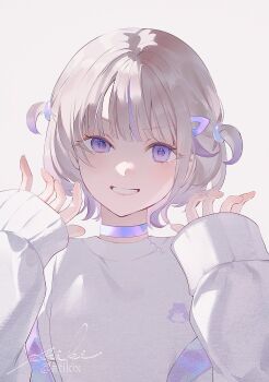 1girl achiki blonde_hair choker grin hololive hololive_dev_is jacket purple_choker purple_eyes shirt signature sleeves_past_wrists smile todoroki_hajime todoroki_hajime_(1st_costume) twitter_username two_side_up virtual_youtuber white_jacket white_shirt