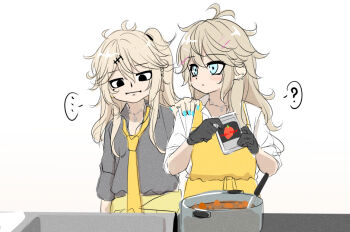 ... 2girls :i ? alternate_costume antenna_hair apron bad_id bad_pixiv_id black_eyes black_gloves black_shirt blonde_hair blue_eyes blush commentary_request cooking cooking_pot cowboy_shot curry ear_piercing food gloves hand_on_another&#039;s_shoulder holding indie_virtual_youtuber jitome kasukabe_tsukushi kasukabe_tsumugi long_hair looking_at_another looking_to_the_side loose_necktie multiple_girls ne_an_ito necktie one_side_up piercing shirt shirt_tucked_in simple_background sleeves_rolled_up spoken_ellipsis spoken_question_mark standing virtual_youtuber voicevox white_background white_shirt yellow_apron yellow_necktie