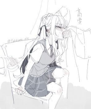 Rule 34 | 1girl, 2futa, arm support, artist name, bang dream!, bang dream! it's mygo!!!!!, blush, censored, chair, chinese commentary, chinese text, closed eyes, clothed sex, collared shirt, commentary request, covered penis, dress shirt, erection, fdd threesome, fellatio, from side, frown, futa with female, futanari, greyscale, group sex, hair ribbon, hairjob, hand on another's head, haneoka school uniform, highres, irrumatio, long hair, medium penis, miniskirt, monochrome, multiple futa, necktie, on chair, open mouth, oral, out of frame, penis, plaid clothes, plaid skirt, profile, ribbon, school chair, school uniform, scribble censor, shirt, short sleeves, sidelocks, simple background, simplified chinese text, sitting, sketch, skirt, summer uniform, sweater vest, tears, threesome, togawa sakiko, translation request, twitter username, v-neck, white background, wing collar, yukikuma (yukikuma 018), yuri