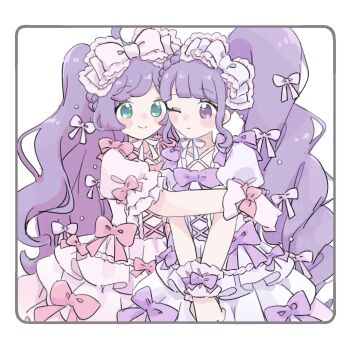 Rule 34 | 2girls, blunt bangs, blush stickers, border, bow, cha (ntrikti), dress, dress bow, drill hair, frilled bow, frills, grey border, hair bow, highres, hug, idol, idol clothes, long hair, looking at another, manaka laala, manaka non, multiple girls, no pupils, one eye closed, pink bow, pink wrist cuffs, pretty series, pripara, puffy short sleeves, puffy sleeves, purple bow, purple eyes, purple hair, short sleeves, siblings, side ponytail, sisters, smile, standing, v arms, very long hair, wavy hair, wavy sidelocks, white background, white dress, wrist bow, wrist cuffs