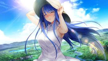 1girl armpits arms_up bare_arms blue_hair blue_sky blush breasts choukou_(alicesoft) choukou_shinki_ixseal closed_eyes cloud crying day dress ellis_xillia facing_viewer floating_hair game_cg hands_on_headwear hat landscape large_breasts lens_flare long_hair non-web_source official_art onigirikun outdoors parted_lips river sky sleeveless sleeveless_dress smile solo straw_hat sun sun_hat sundress sunlight tears upper_body variant_set very_long_hair white_dress