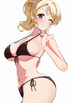 1girl ;) arched_back ass ayase_eli bare_arms bikini black_bikini blonde_hair blue_eyes blush breasts closed_mouth hair_ornament hair_scrunchie heart heart-shaped_pupils highres index_finger_raised large_breasts looking_at_viewer love_live! love_live!_school_idol_project medium_hair navel one_eye_closed pisagi ponytail scrunchie side-tie_bikini_bottom sideboob simple_background smile solo standing swimsuit symbol-shaped_pupils underboob white_background