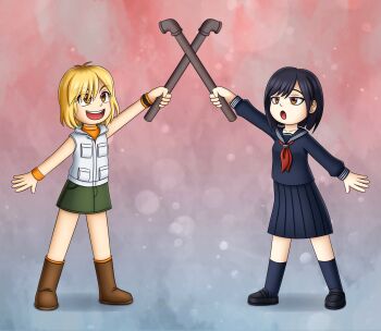 Rule 34 | 2girls, absurdres, black hair, black shoes, blonde hair, boots, brown boots, brown eyes, commentary, english commentary, green skirt, heather mason, highres, holding, holding lead pipe, lead pipe, multiple girls, nicko89, open mouth, sailor collar, school uniform, shimizu hinako, shoes, silent hill (series), silent hill 3, silent hill f, simple background, skirt, smile, wristband
