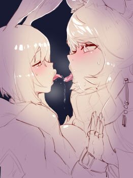 2girls absurdres amiya_(arknights) animal_ears arknights barbed_tongue blush braid drooling eye_contact french_kiss half-closed_eyes highres hitobashira_(1746164306) jewelry kiss limited_palette long_hair long_tongue looking_at_another multiple_girls palms_together pramanix_(arknights) rabbit_ears rabbit_girl ring saliva saliva_swap short_hair size_difference sketch snow_leopard_ears snow_leopard_girl sweat tongue tongue_out turtleneck yuri