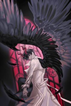 1boy arched_window black_hair coat colored_veins demon_horns evie_(baoxiao) falling_feathers feathers feet_out_of_frame fingernails floating gradient_skin highres horns indoors kim_dokja looking_at_viewer looking_back male_focus official_alternate_costume omniscient_reader's_viewpoint open_clothes open_coat popped_collar red_eyes serious sharp_fingernails short_hair solo stained_glass white_coat window