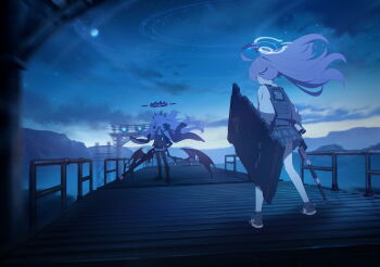 2girls ahoge aiguillette ammunition armband artist_request ballistic_shield battle belt_boots beretta_1301 black_coat black_fur black_gloves black_horns black_jacket black_skirt black_thighhighs black_wings blue_archive boots boxcar bulletproof_vest buttons cloud coat collared_shirt demon_girl demon_horns demon_wings desert dirty dirty_clothes double-breasted explosive fingerless_gloves fur-trimmed_coat fur_trim game_cg gloves gold_buckle gold_buttons grenade grey_skirt grey_vest gun hair_ornament hairclip halo highres hina_(blue_archive) holding holding_gun holding_shield holding_weapon horns hoshino_(armed)_(blue_archive) hoshino_(blue_archive) huge_ahoge jacket knee_boots kneehighs long_hair low_wings machine_gun mg42 moon motion_blur multiple_girls night non-web_source official_art on_roof outdoors pencil_skirt pink_hair plaid_clothes plaid_skirt pleated_skirt ponytail purple_halo railing railroad_signal red_armband shield shirt shoelaces shoes shotgun shotgun_shell skirt sky sneakers socks spoilers standing star_(sky) tactical_clothes thighhighs train truss twilight very_long_hair vest weapon white_hair white_halo white_shirt white_socks wings zettai_ryouiki