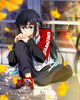 1boy aqua_eyes aqua_hair black_hair black_pants black_sleeves closed_mouth hana_ni_nare highres kimetsu_no_yaiba long_hair male_focus multicolored_hair multicolored_shirt multicolored_shoes pants red_shirt shirt shoes sneakers solo tokitou_muichirou white_shirt