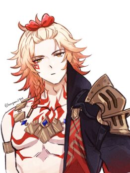 Rule 34 | 1boy, abs, arm tattoo, armlet, bangs pinned back, black coat, blonde hair, bow, braid, chest tattoo, coat, earrings, facial tattoo, gold earrings, gold necklace, gradient hair, hashtag-only commentary, hongam2911, honkai: star rail, honkai (series), jewelry, male focus, medium hair, multicolored hair, mydei (honkai: star rail), necklace, open clothes, open coat, red bow, red hair, red tattoo, side braid, simple background, solo, tattoo, toned, toned male, twitter username, white background, yellow eyes