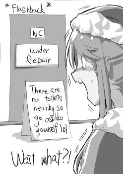 1girl absurdres bad_id bad_pixiv_id blush christmas door english_text female_focus flashback fur-trimmed_headwear fur_trim greyscale hat have_to_pee highres indoors long_hair monochrome nose_blush o_o open_mouth original rune_(dualhart) santa_hat sign solo surprised sweat talking teeth text_focus trembling