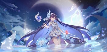 1girl bare_shoulders blue_eyes blue_hair breasts colored_inner_hair crescent_moon dress flower hair_flower hair_ornament highres honkai_(series) honkai_impact_3rd long_hair looking_at_viewer medium_breasts moon multicolored_hair night night_sky outdoors pink_hair seele_vollerei seele_vollerei_(herrscher_of_rebirth) siro_jun sky smile solo star_(sky) starry_sky thighs two-tone_hair very_long_hair water white_dress