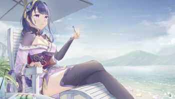1girl absurdres beach blunt_bangs blush braid breasts bridal_gauntlets chair cleavage closed_mouth commentary cup english_commentary from_side genshin_impact hair_ornament highres japanese_clothes kimono leaning_back light_smile long_braid long_hair looking_to_the_side medium_breasts mole mole_under_eye neck_ribbon ocean off_shoulder on_chair outdoors pakun palm_tree purple_eyes purple_hair purple_kimono purple_thighhighs raiden_shogun red_ribbon red_sash ribbon sand sash shade single_braid sitting solo table thighhighs thighs tree umbrella upper_body water