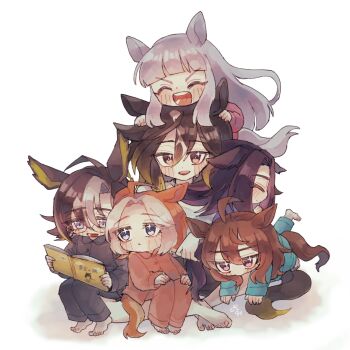 6+girls aged_down ahoge alternate_costume animal_ears black_hair blue_eyes blunt_bangs brown_eyes brown_hair commentary_request dream_journey_(umamusume) ear_covers fenomeno_(umamusume) glasses gold_ship_(umamusume) grey_hair hair_between_eyes highres horse_ears horse_girl horse_tail long_hair long_sleeves multicolored_hair multiple_girls nakayama_festa_(umamusume) nosmi_umachan orange_hair orfevre_(umamusume) ponytail purple_eyes simple_background single_ear_cover stay_gold_(umamusume) stay_gold_clan_(umamusume) tail umamusume white_background white_hair