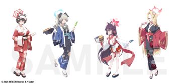 4girls absurdres ahoge animal_ears black_hair blonde_hair blue_archive blue_eyes blue_halo blue_kimono breasts brown_eyes closed_eyes commentary_request dango detached_sleeves dog_ears dog_girl extra_ears floral_print floral_print_kimono food full_body geta grey_hair halo highres japanese_clothes kaede_(blue_archive) kimono large_breasts long_hair maid misyune multiple_girls open_mouth pina_(blue_archive) print_kimono raccoon_ears raccoon_girl red_halo red_kimono sample_watermark short_hair sodegukuri standing tabi tsubaki_(blue_archive) umika_(blue_archive) wa_maid wagashi watermark winged_halo yellow_eyes yukata